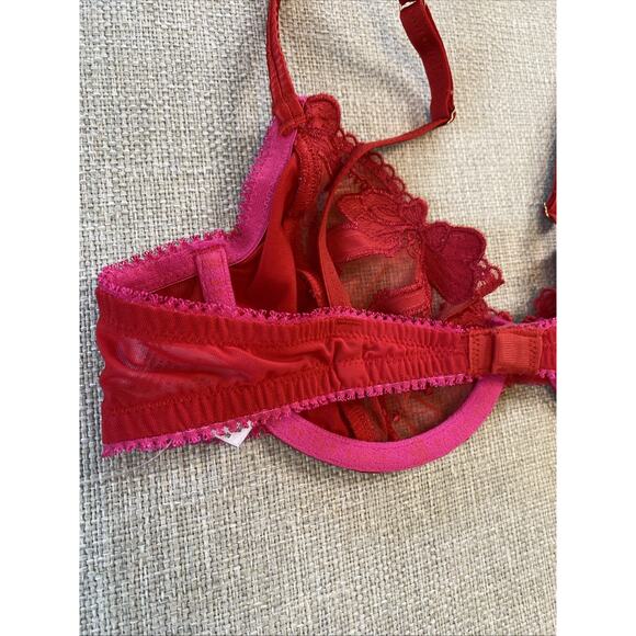 B By Ted Baker 34 B Red Pink Floral Satin Underwire Mesh Balcony Lace Bra - Picture 8 of 15